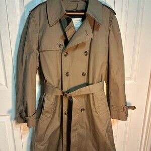 London Fog Trench Coat  Vintage Mens Size 38 Brown Belted Double-Breasted Long